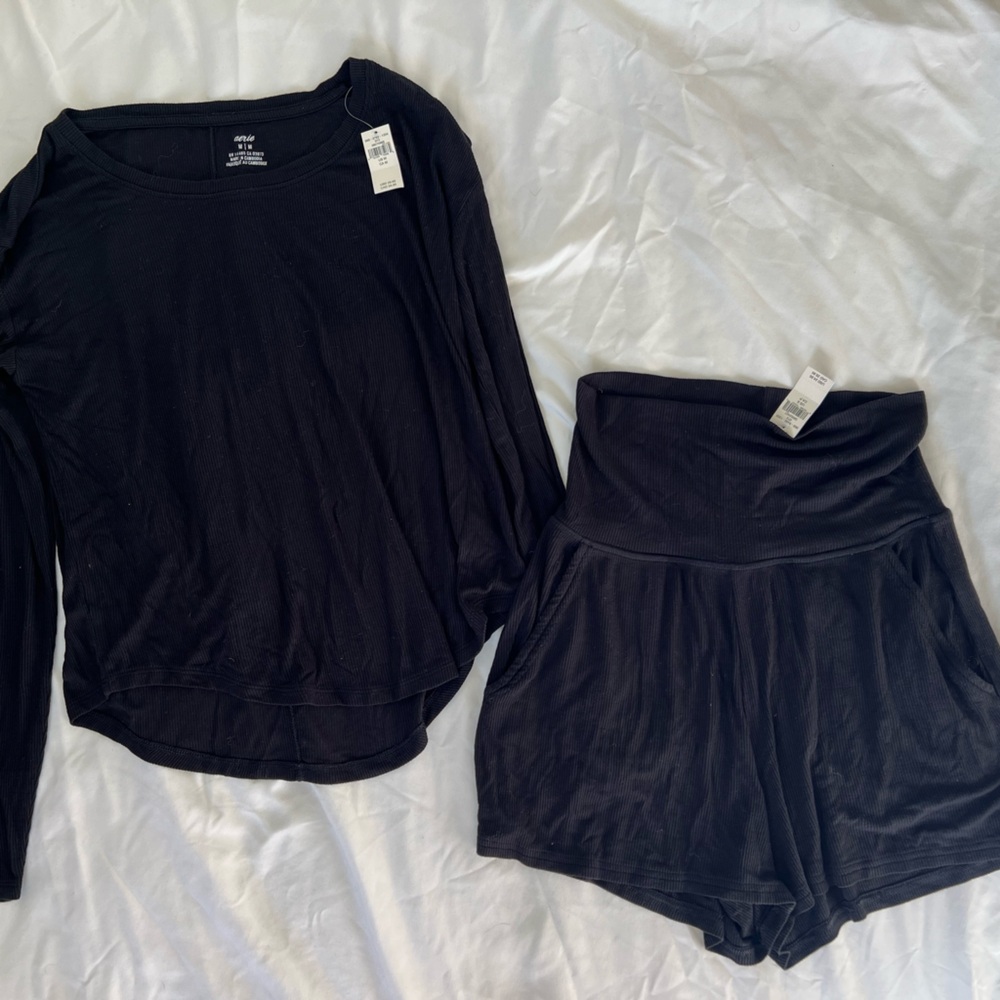 aerie Black Long Sleeve Top & High Waist Sleep Shorts Set